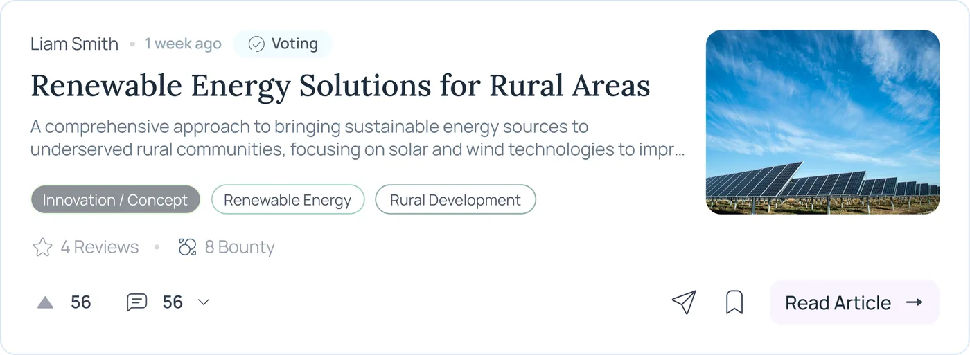 Ozeaon article card: 'Renewable Energy Solutions for Rural Areas' by Liam Smith, in DAO voting, with reviews, bounty, and a Read Article action.