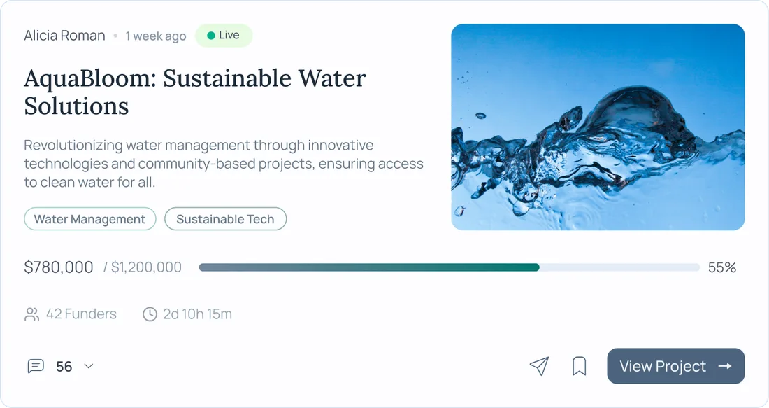 Ozeaon project card: 'AquaBloom: Sustainable Water Solutions' by Alicia Roman, live, showing funding progress of $780,000 of $1,200,000 (55%), 42 funders, and a View Project action.