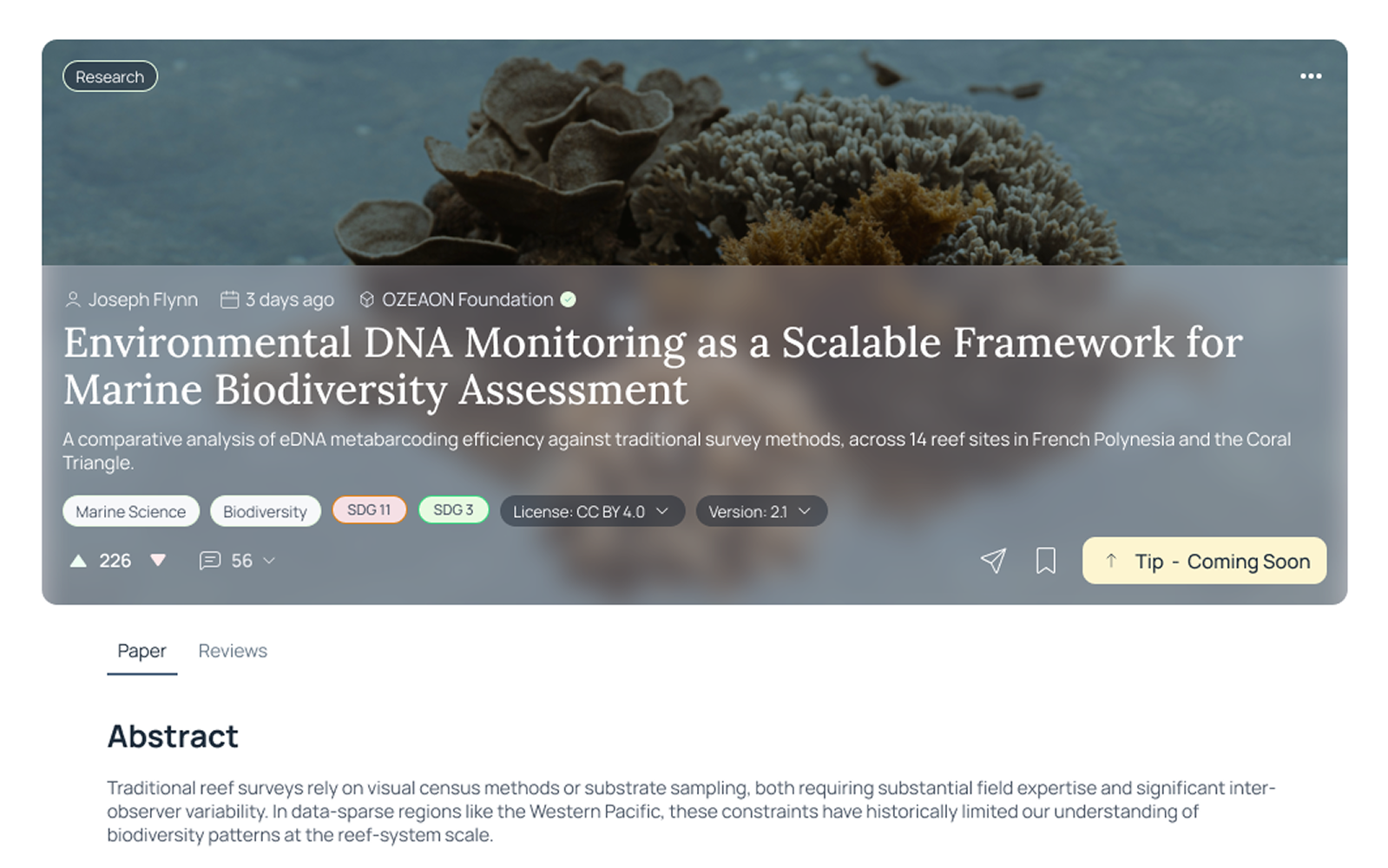 Ozeaon research article page: Environmental DNA Monitoring as a Scalable Framework for Marine Biodiversity Assessment.