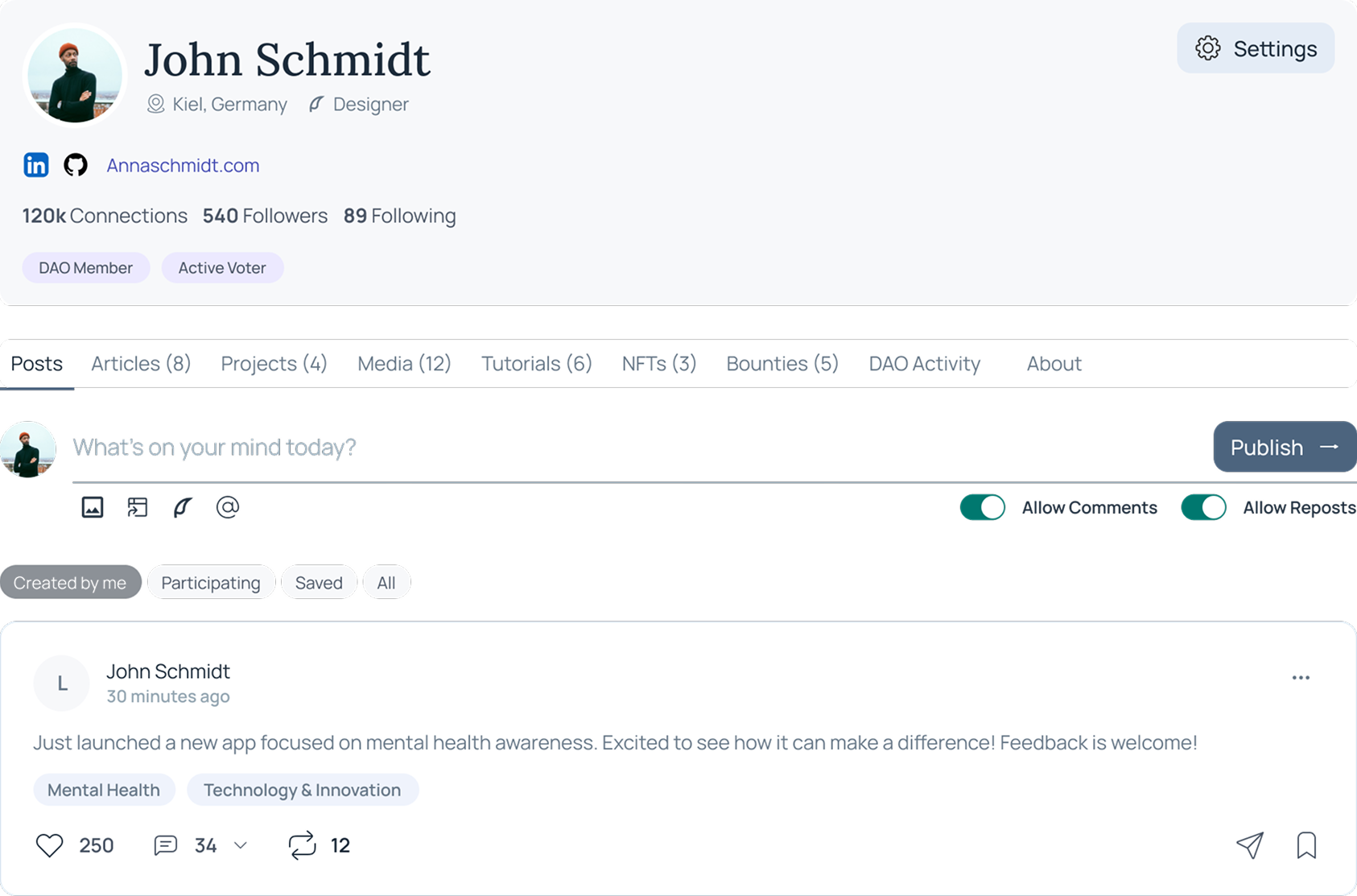 Ozeaon user profile for John Schmidt showing posts, articles, projects, and a publish composer.