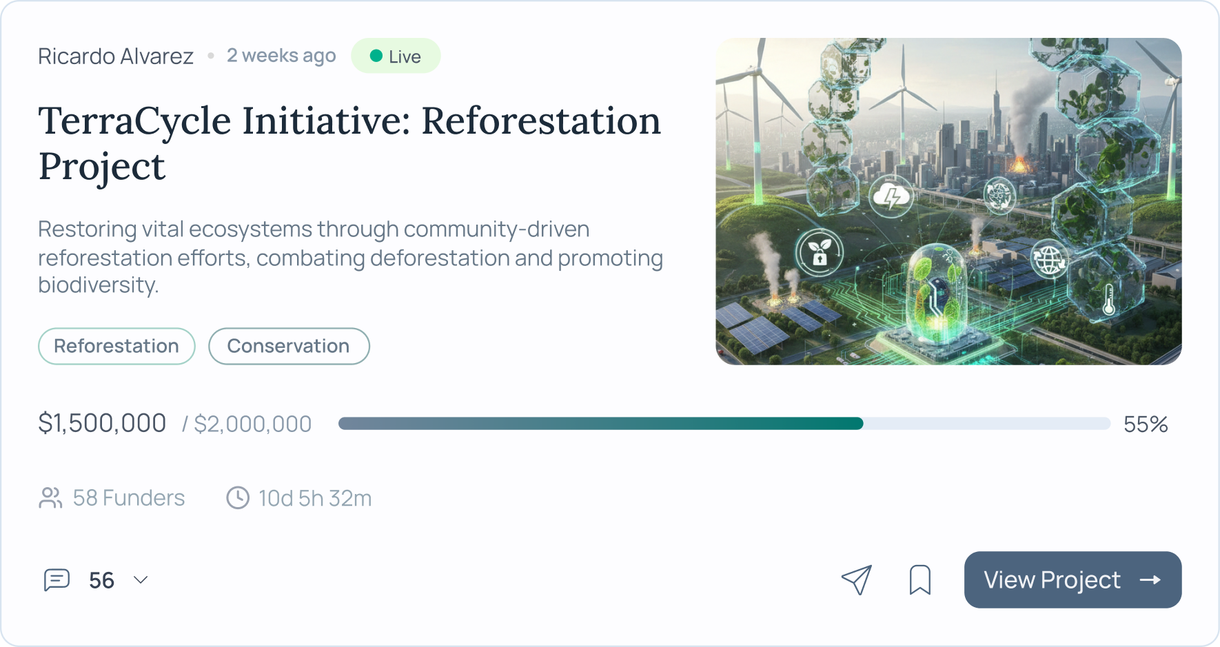 Ozeaon project funding card for the TerraCycle Initiative: Reforestation Project at 55% funded.