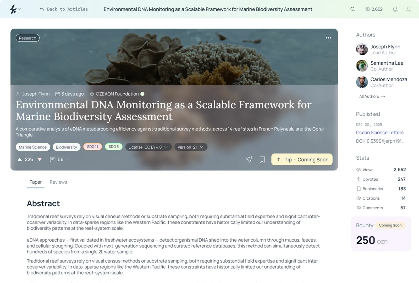 Ozeaon article page for an environmental DNA marine biodiversity study.