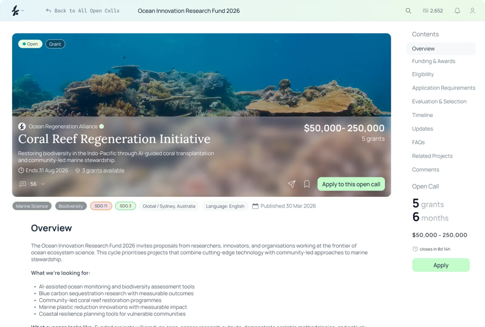 Ozeaon open call page for the Ocean Innovation Research Fund 2026 grant.