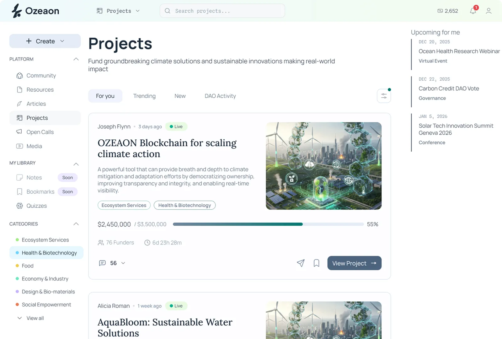 Ozeaon Projects feed showing crowdfunded climate initiatives with funding progress.