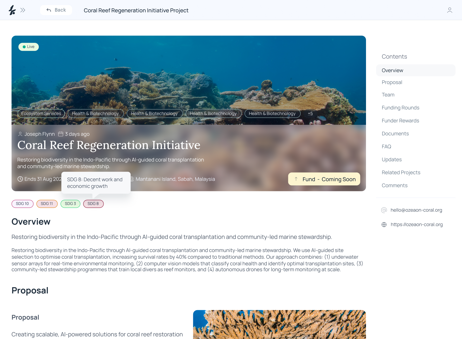 OCIS project page for the Coral Reef Regeneration Initiative, showing the project hero, contents navigation, overview, and proposal sections