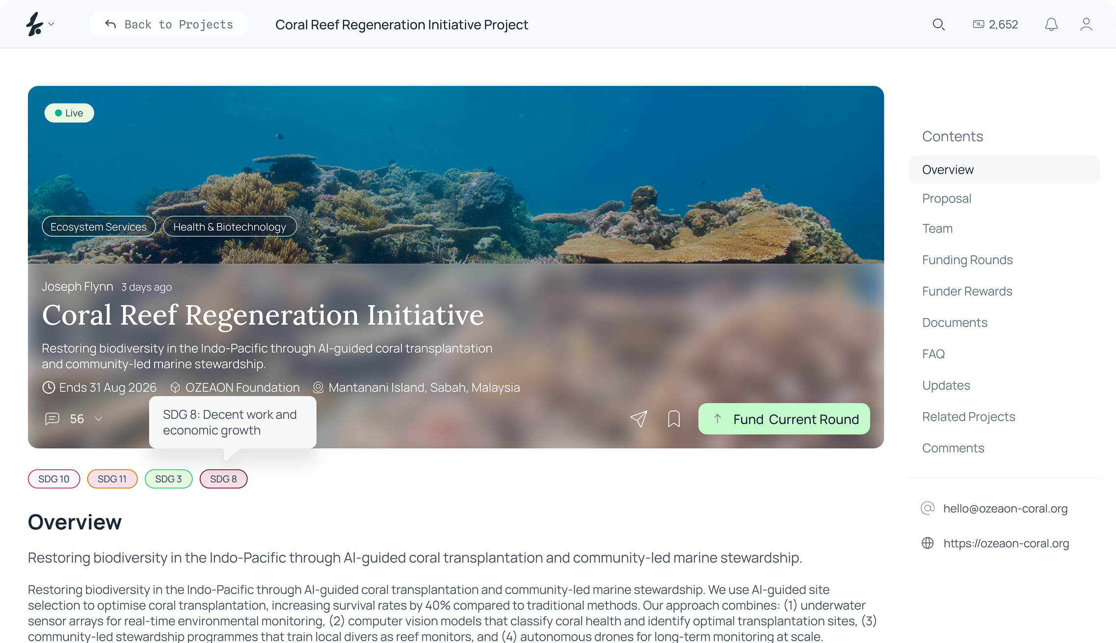 Ozeaon project page for the Coral Reef Regeneration Initiative with funding details.
