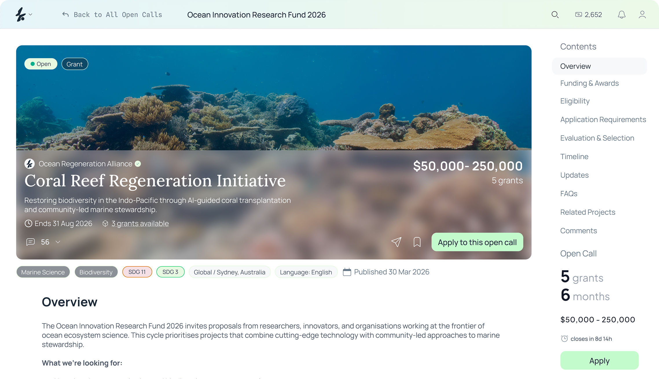 Ozeaon open call page for the Ocean Innovation Research Fund 2026 grant.