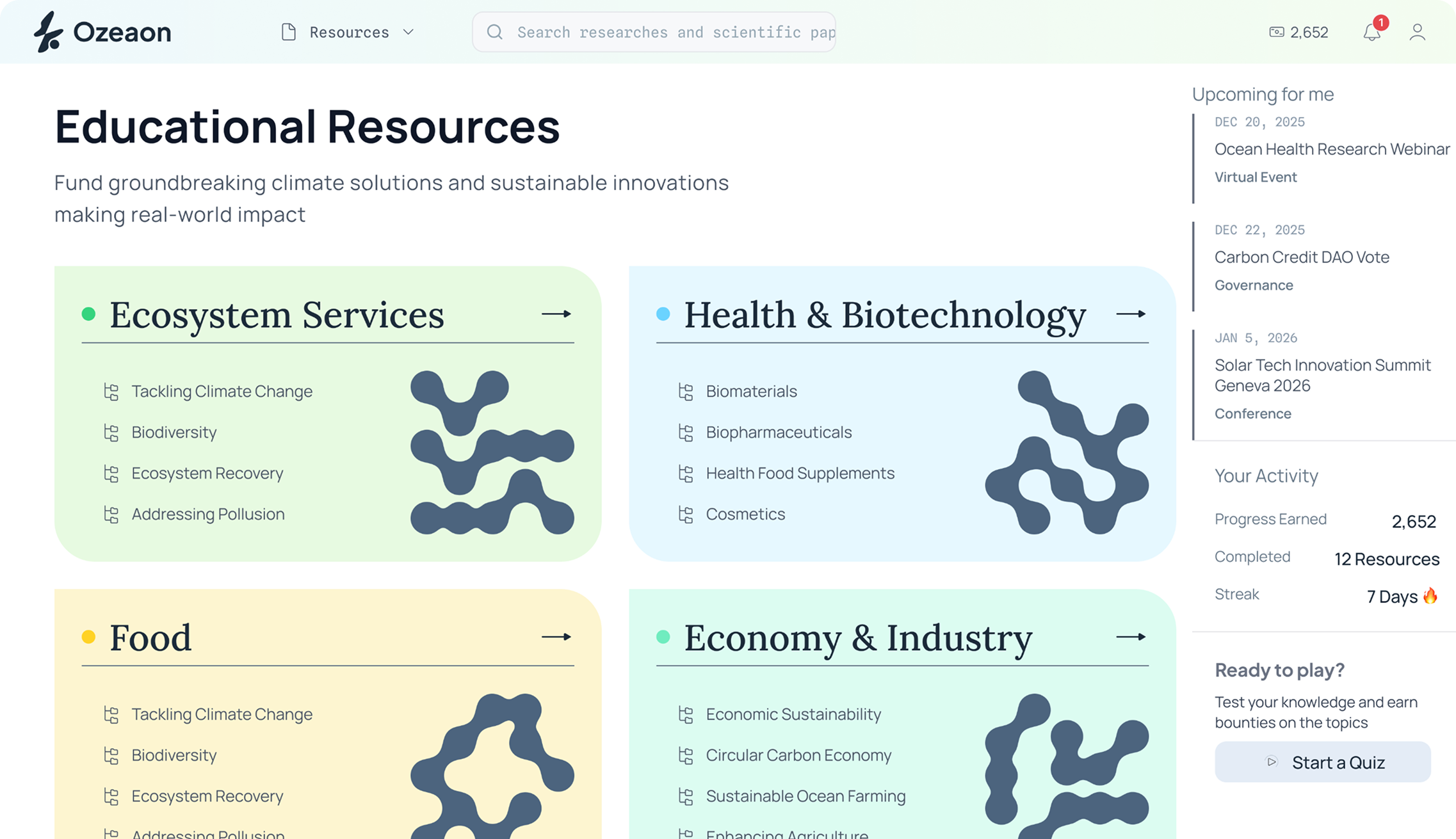 Ozeaon educational resources page with topic categories and learning pathways.