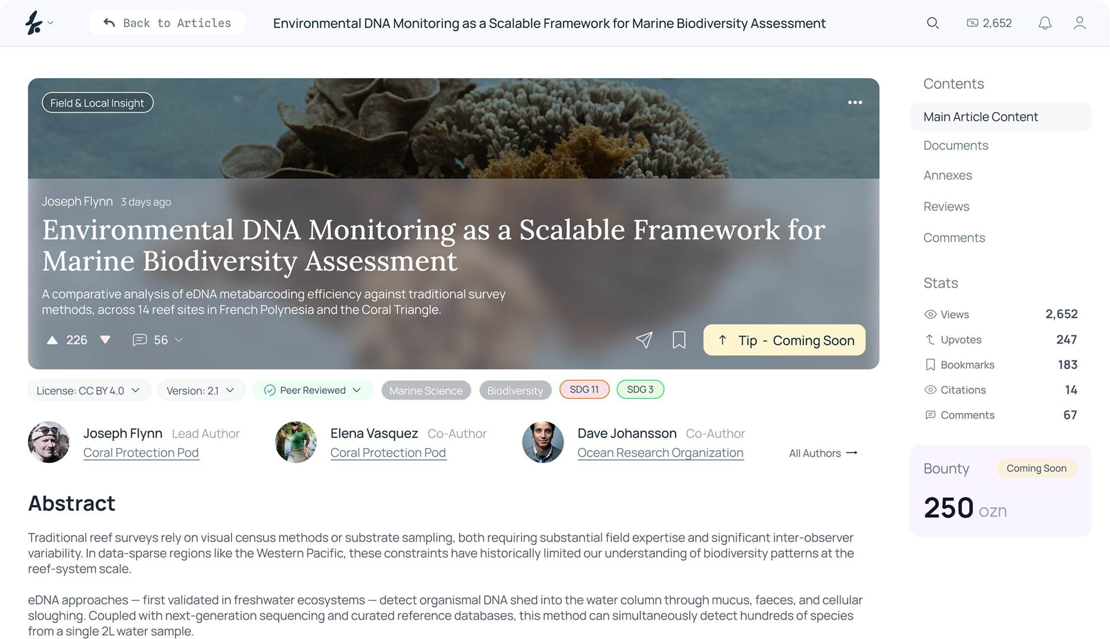 Ozeaon article page for an environmental DNA monitoring study.