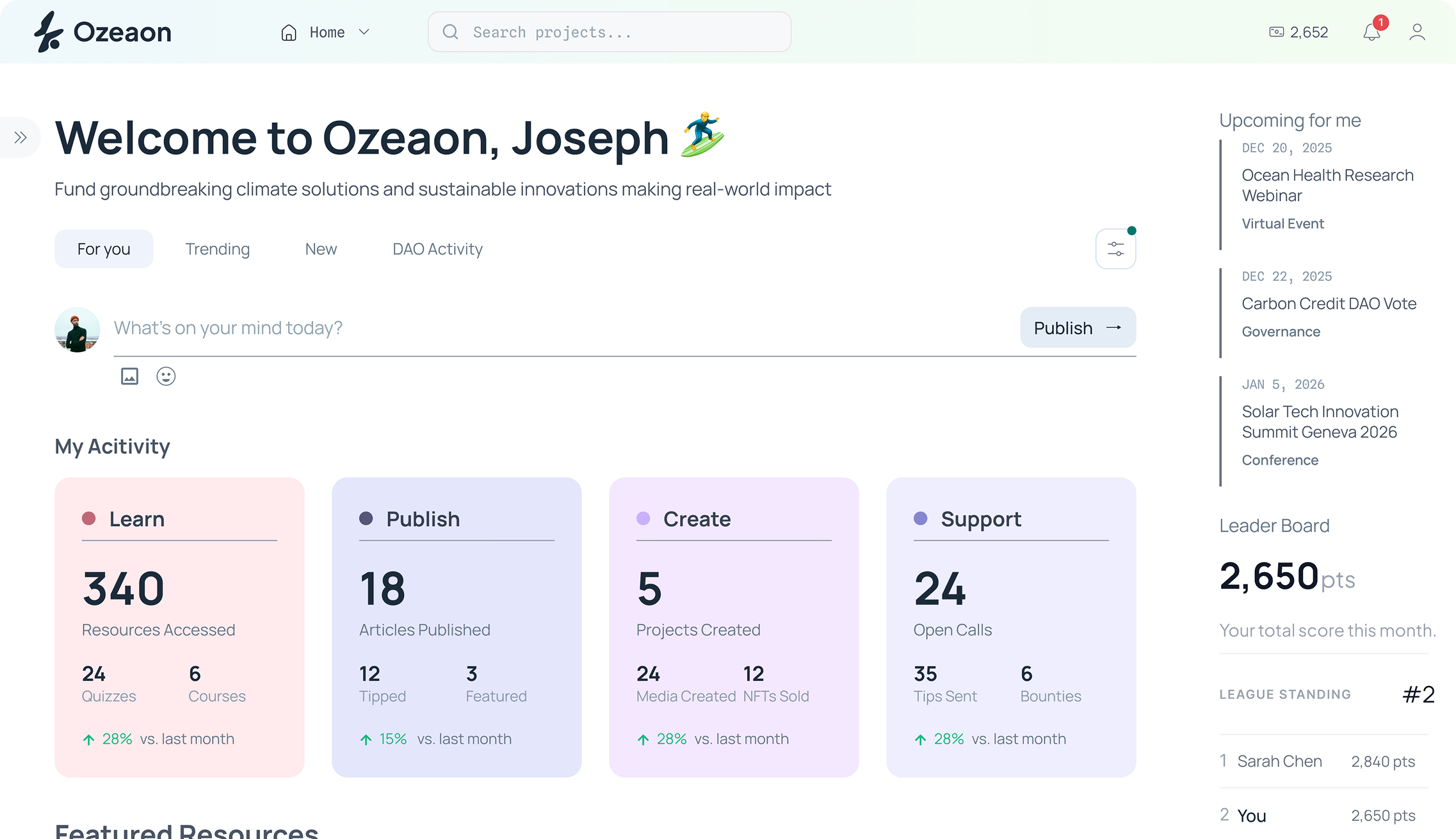 Ozeaon logged-in home dashboard with activity stats and leaderboard.