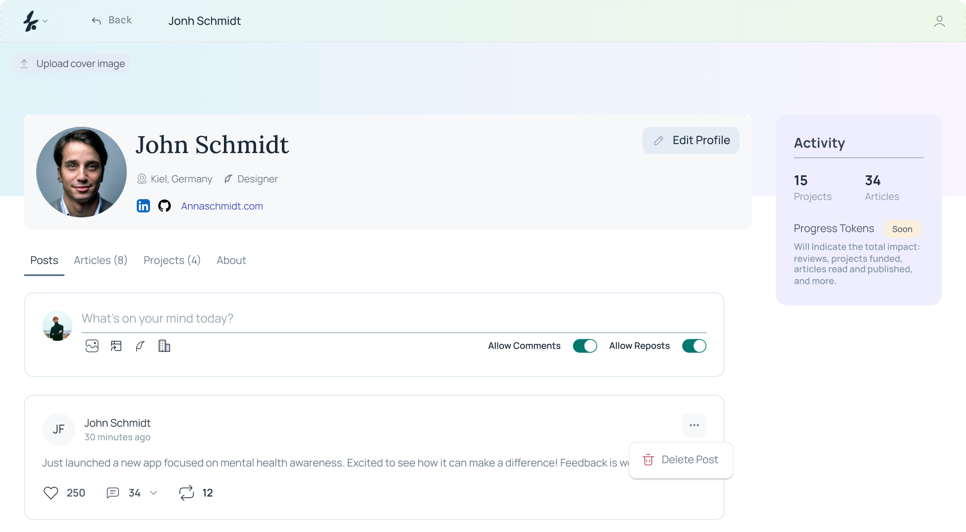 Ozeaon individual profile page for John Schmidt, showing profile details, posts, and an activity panel
