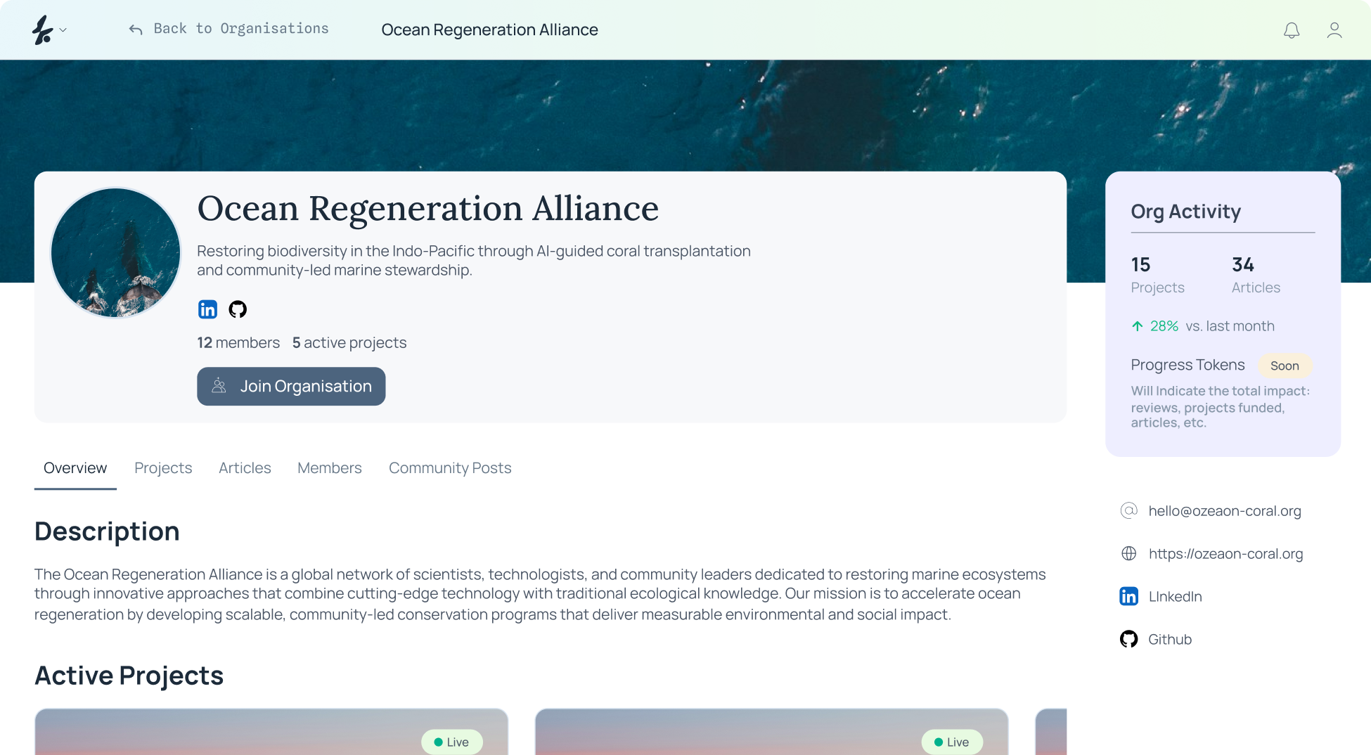 Ozeaon organisation profile page for Ocean Regeneration Alliance, showing description, active projects, and an org activity panel