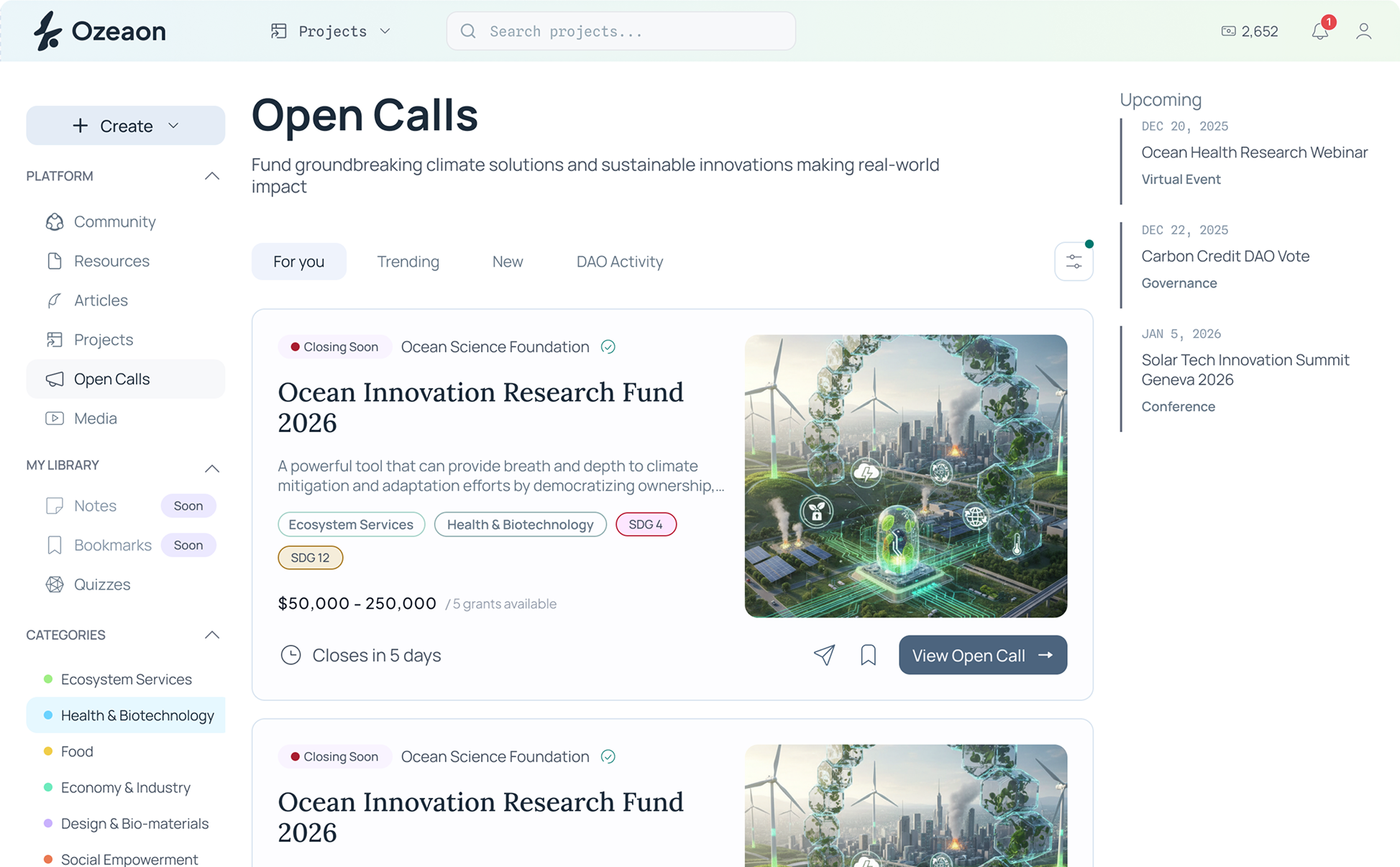 Ozeaon Open Calls feed showing funding opportunities, categories, and upcoming events