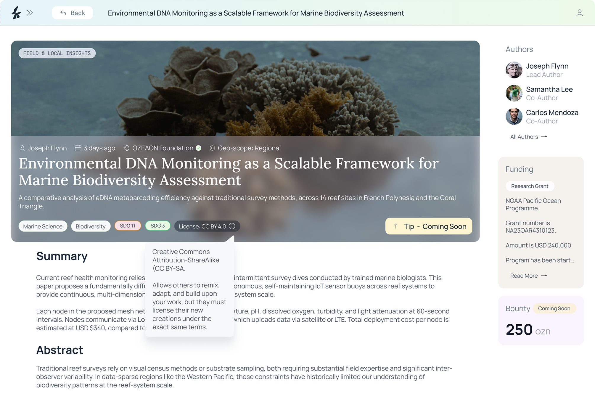 Ozeaon article page for an environmental DNA monitoring study, showing the summary, abstract, authors, and funding.