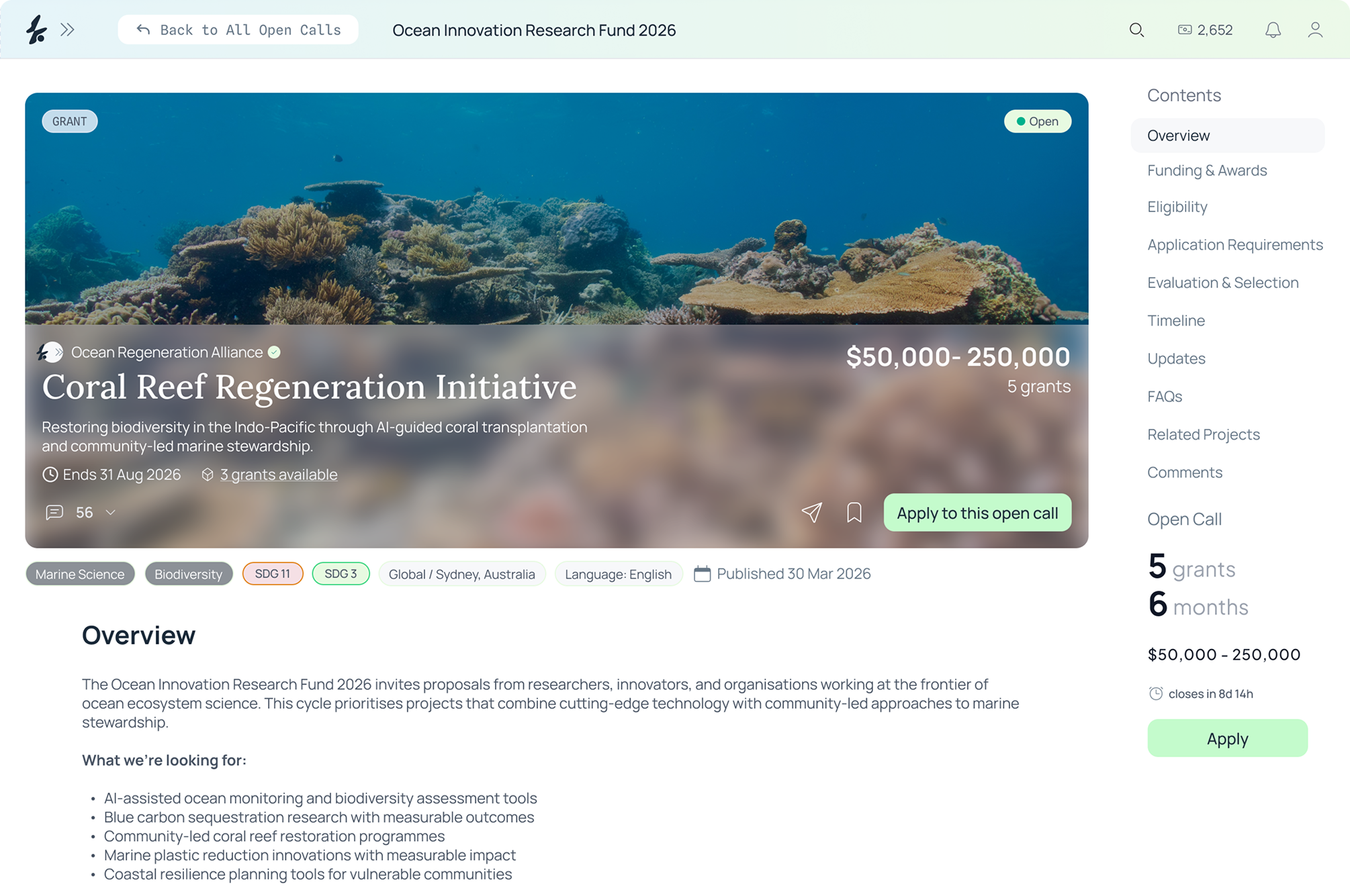 Ozeaon open call detail page for the Ocean Innovation Research Fund 2026, showing funding, eligibility, and application details.