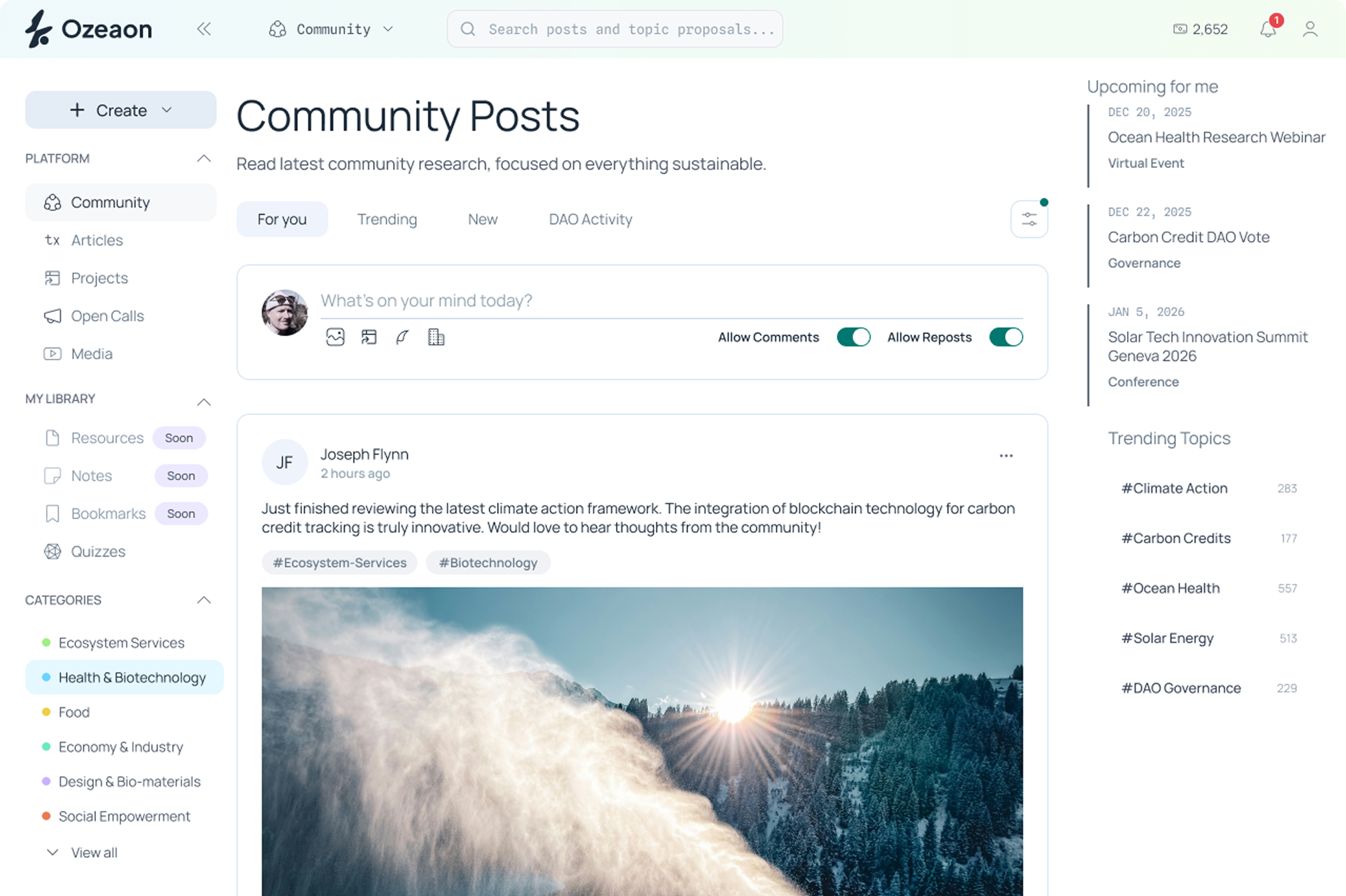 Ozeaon community posts feed, showing discussion, trending topics, and upcoming events across the ecosystem.