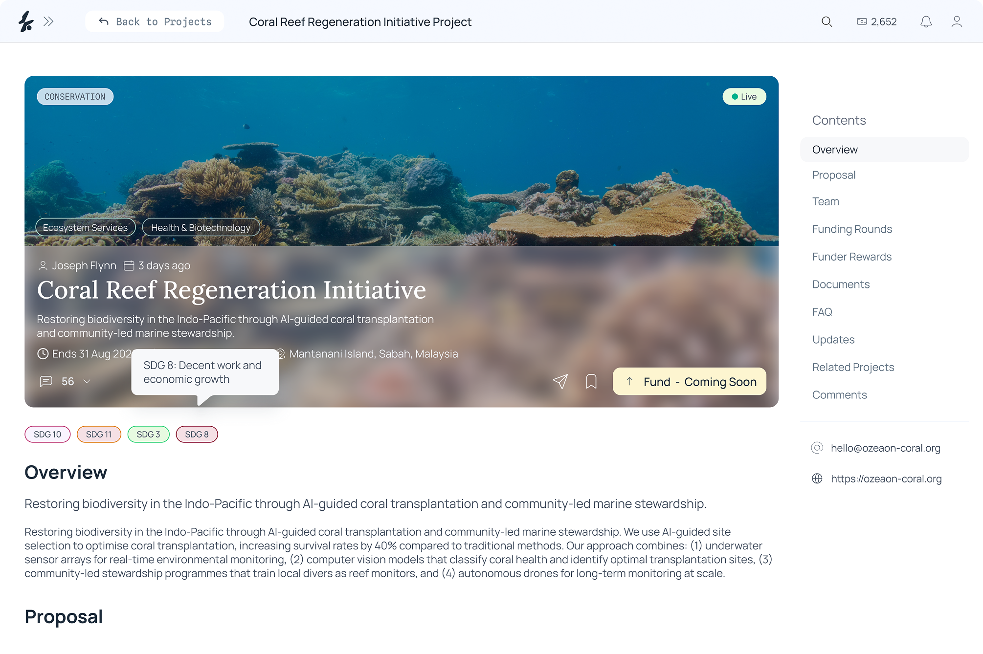 Ozeaon project detail page for the Coral Reef Regeneration Initiative, showing the overview, proposal, and funding sections.