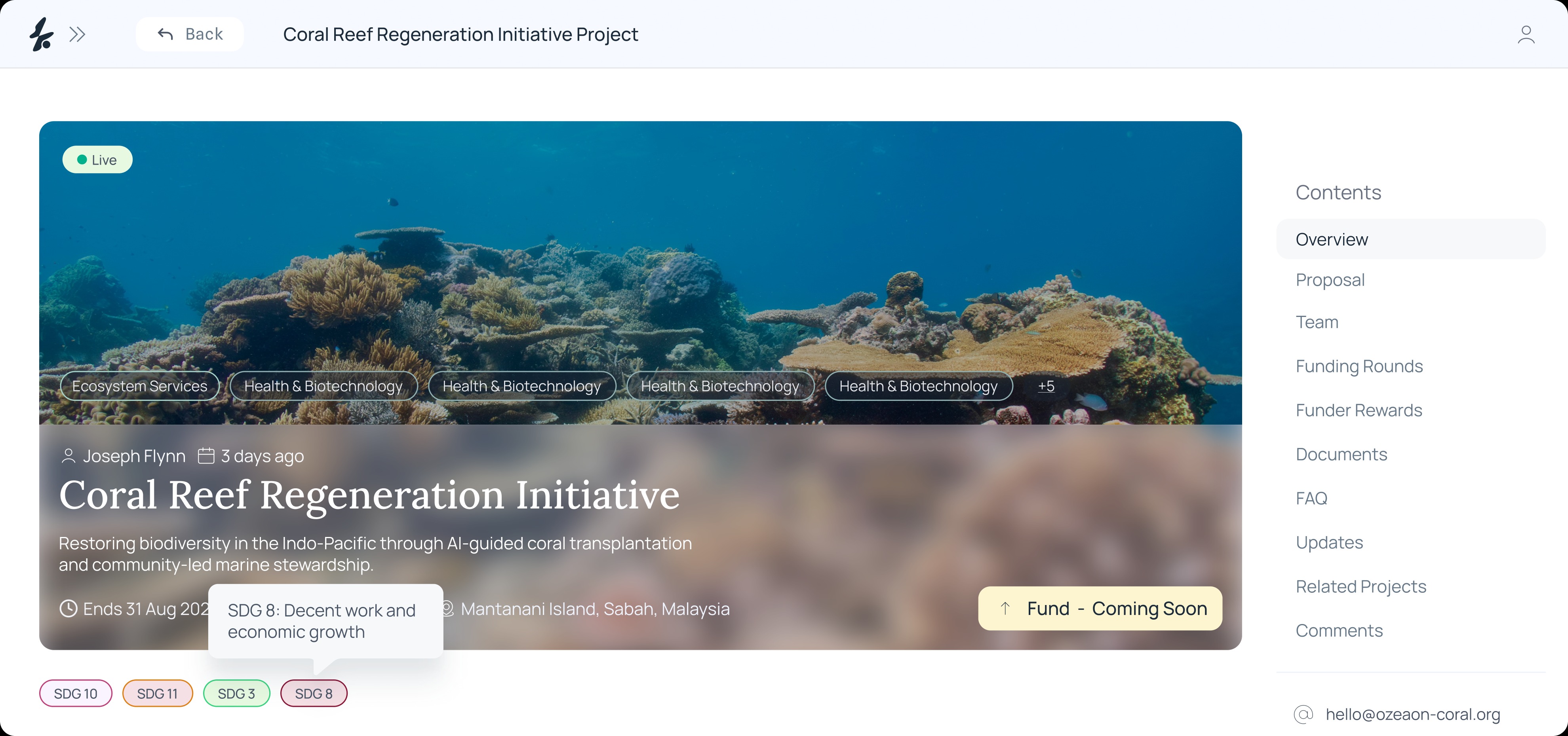 Coral Reef Regeneration Initiative project page on Ozeaon